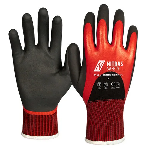 NITRAS 3555 ULTIMATE GRIP PLUS, перчатки, двухслойное покрытие, нитрил красный 3/4, микропена нитрила черный