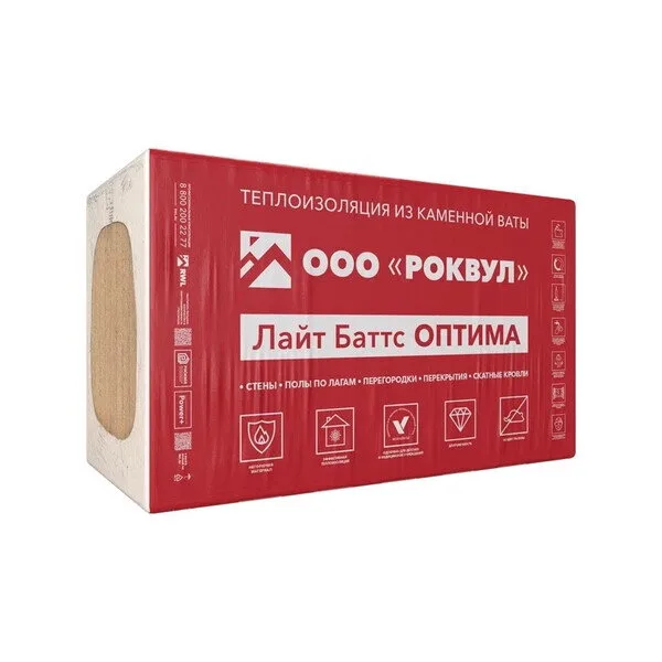 Минеральная вата (минплита, стекловата) Утеплитель Роквул Лайт Баттс Оптима 50х600х1000, 6 кв. м
