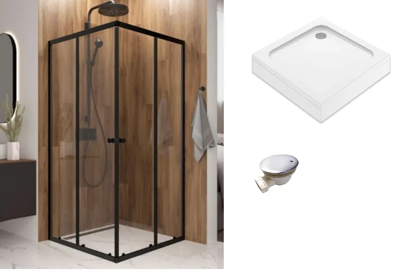 Комплект Душевое ограждение Domani-Spa CH Shape 2 99, прозрачное стекло, графит, черный + поддон + сифон