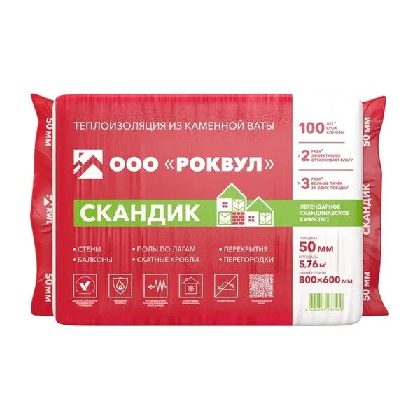 Минеральная вата (минвата, минплита) Утеплитель Роквул Лайт Баттс Скандик 50х600х800 мм 5,76 кв. м