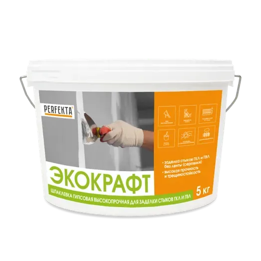 Шпаклевка гипсовая высокопрочная для заделки стыков ГКЛ и ГВЛ Экокрафт, 5 кг